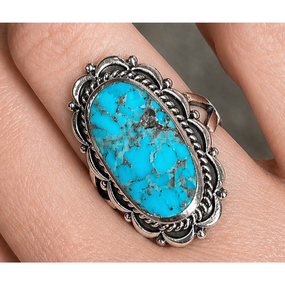 Turquoise Sterling Silver Statement Ring Large Oval Blue Stone Southwestern Sz 7